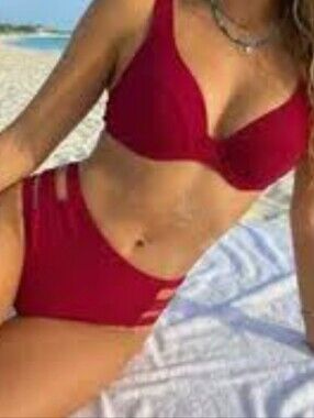Red Two Piece High Waist with Side Cutouts Push Up Bikini Set Large Swimwear